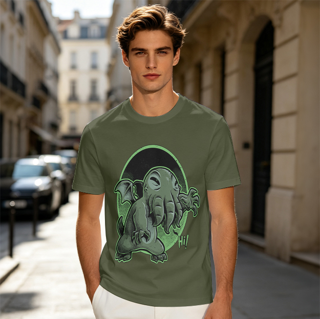 Olive T-Shirt Featuring Cute Cartoon Cthulhu Saying Hi