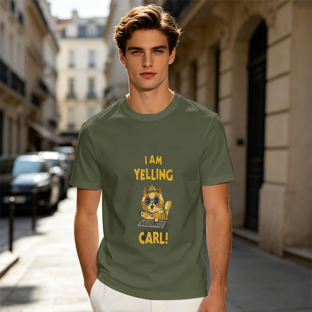 Olive t-shirt with a yelling cat graphic that says I AM YELLING CARL