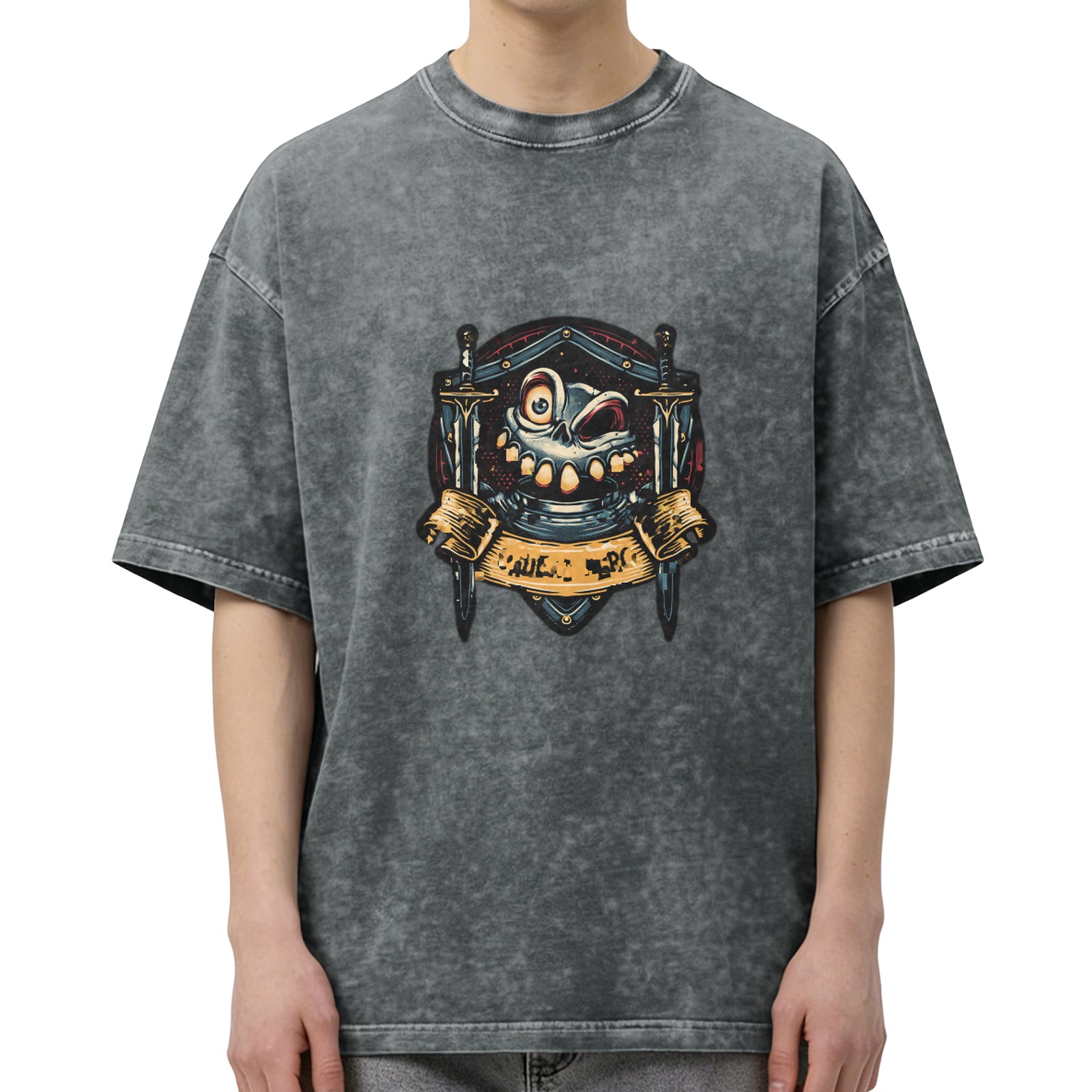 Washed Black Oversized T-Shirt With Cartoon Skull Swords Graphic
