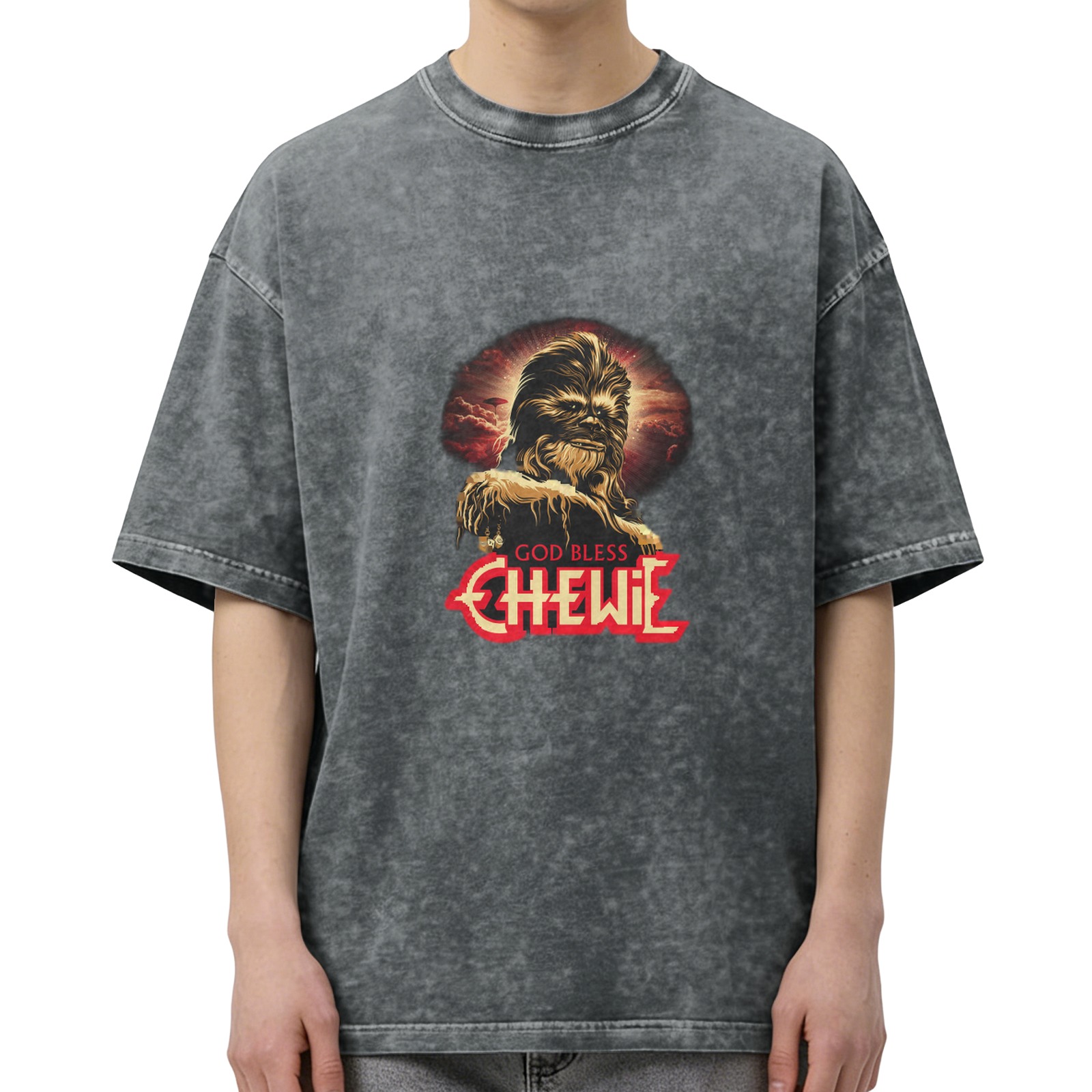 Washed Black Star Wars Chewbacca Graphic T-Shirt God Bless Chewie