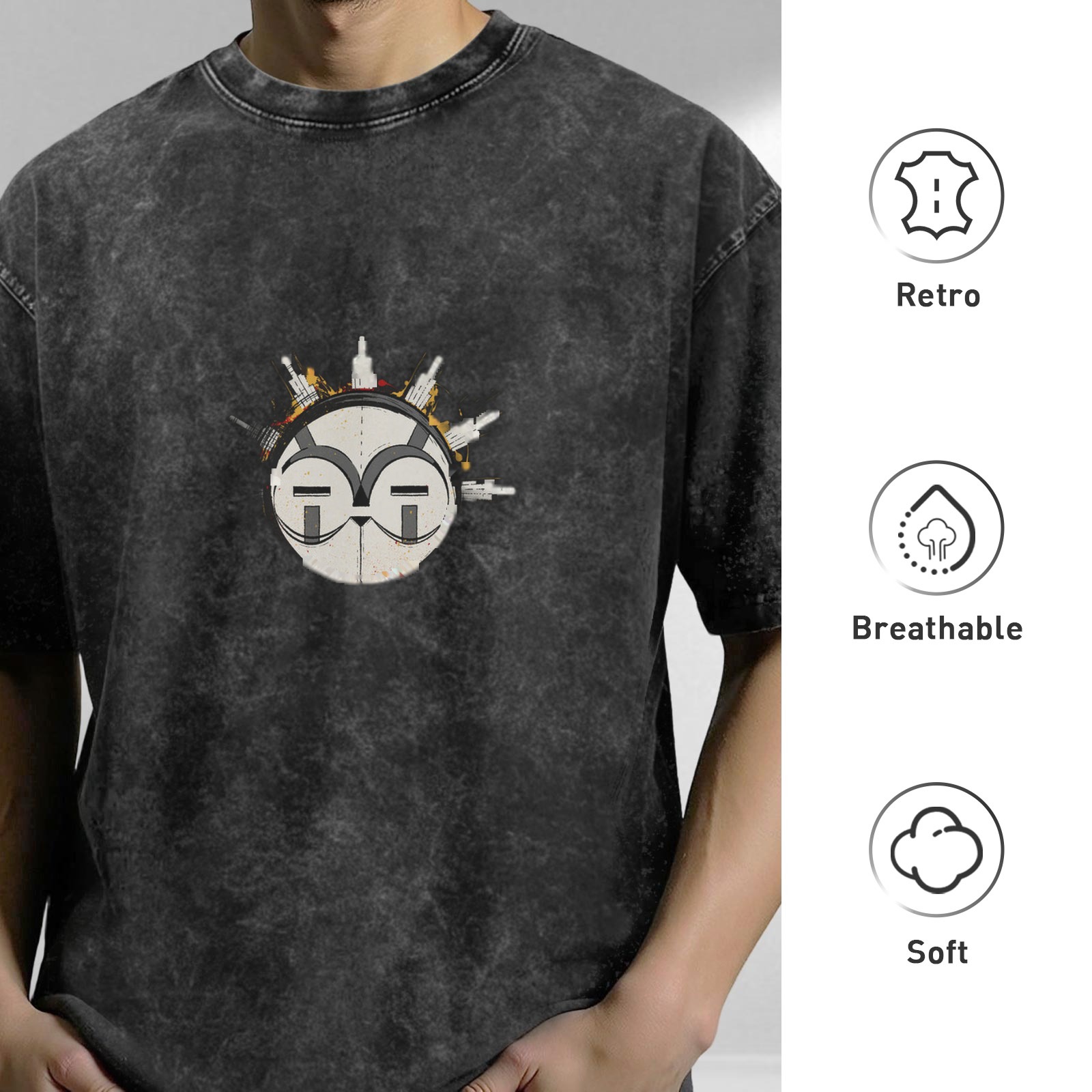 Oversized Black Acid Wash T-Shirt With Graphic Face Print