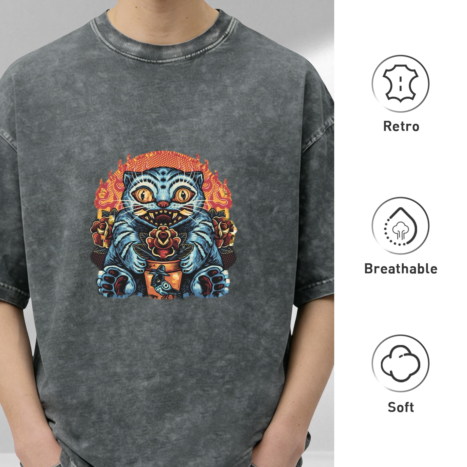 Washed black graphic t-shirt with spooky blue cat and roses print