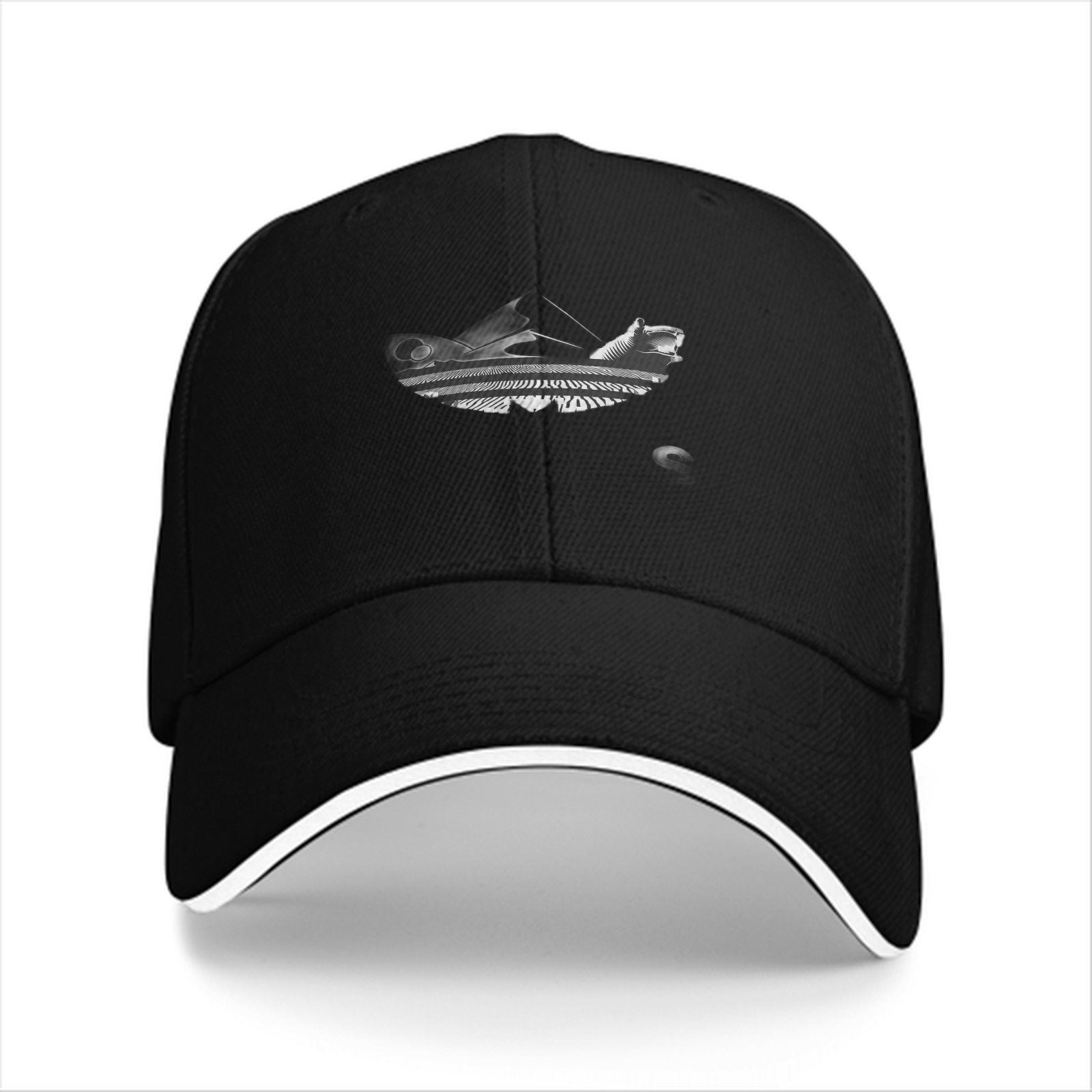 Black baseball cap with piano graphic print