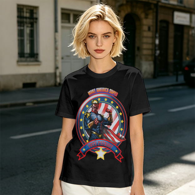 Olive t-shirt with patriotic superhero 'Make America Super' graphic