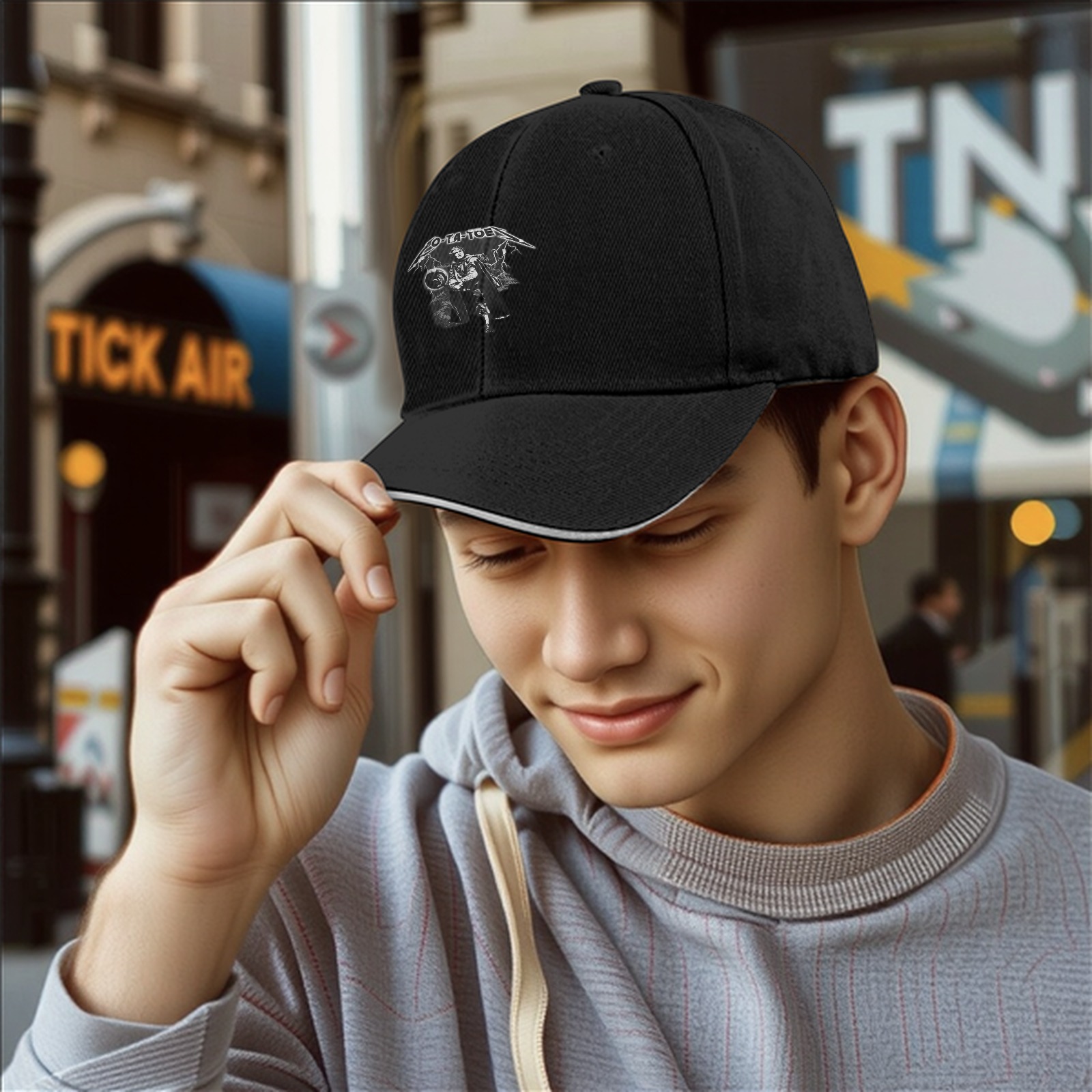 Black baseball cap with O-TA-TOE graphic print design