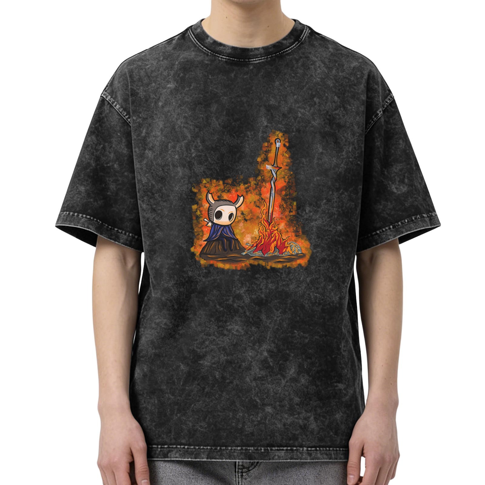 Dark Washed T-Shirt Featuring Hollow Knight Character at Bonfire