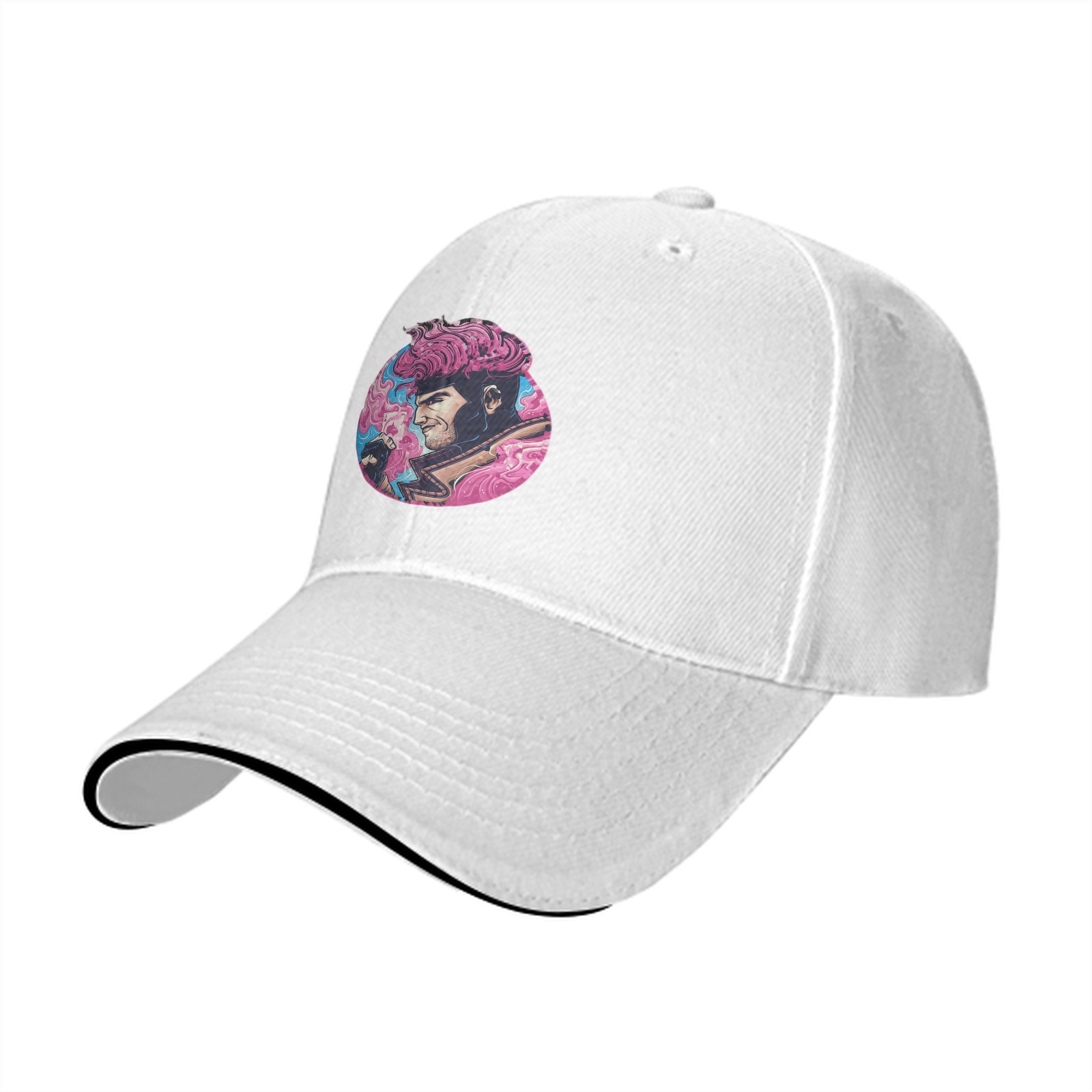 Black Baseball Cap With Pink Superhero Character Art Print