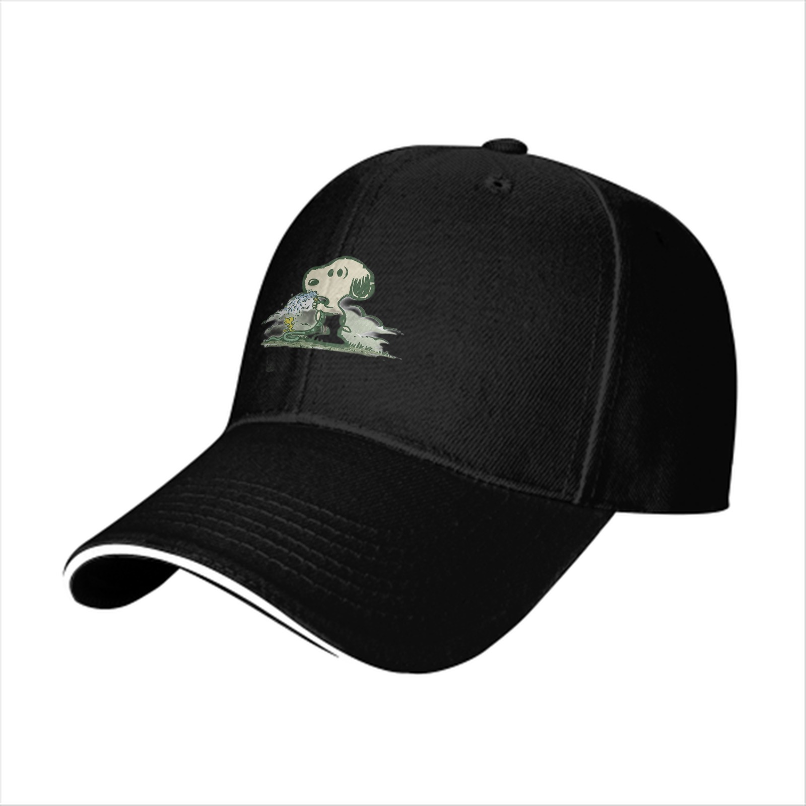 Black baseball cap with Snoopy watering design