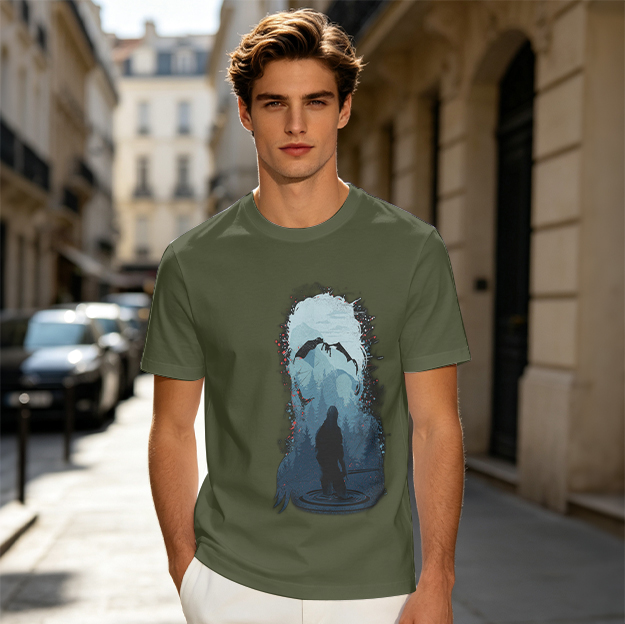 Olive T-Shirt With Dark Fantasy Silhouette And Dragon Print