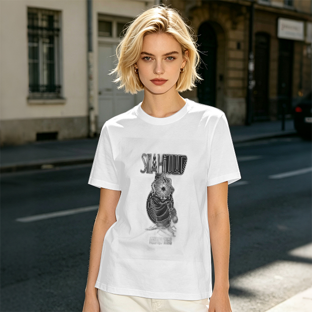 Olive green graphic t-shirt with masked figure print