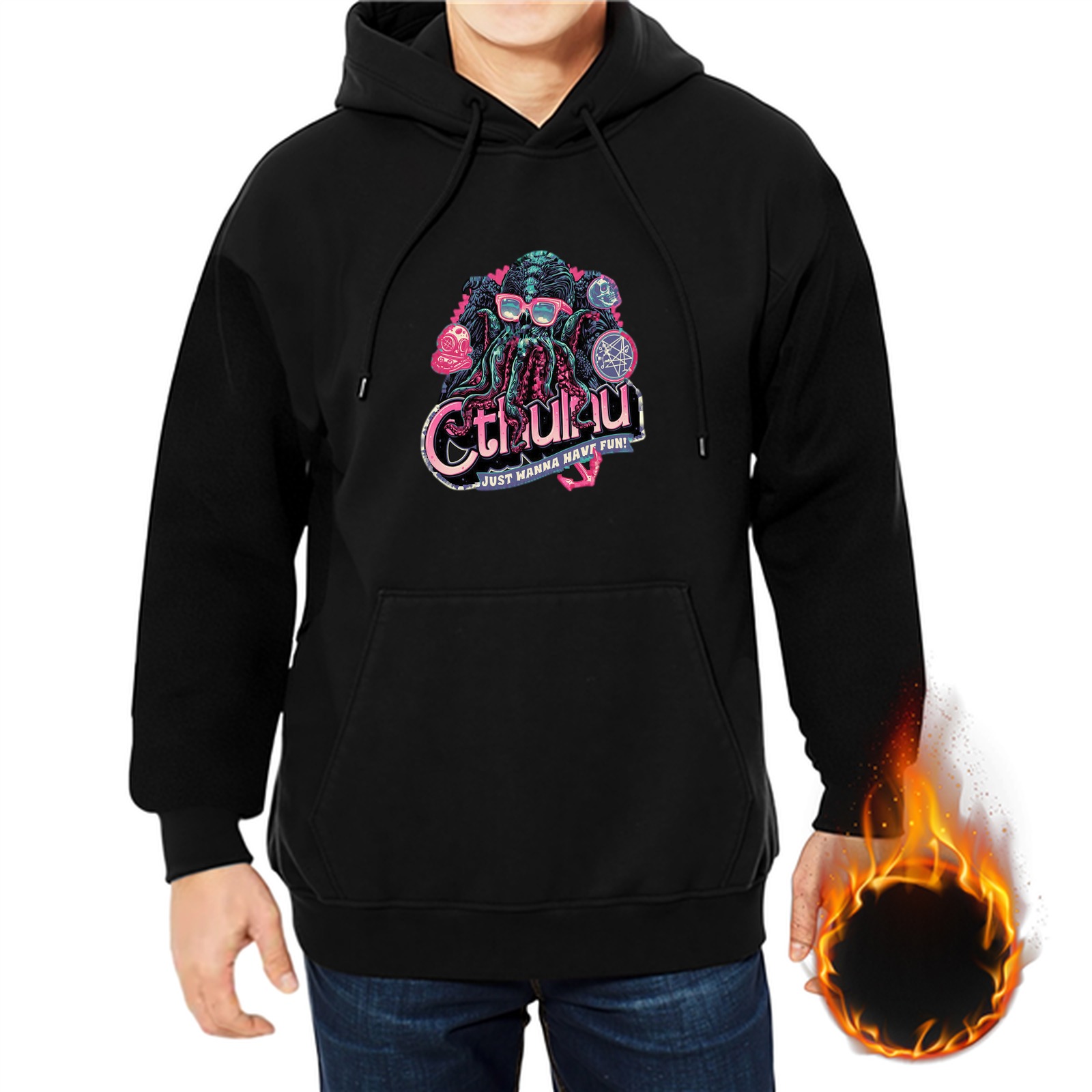 Black Hoodie with Cthulhu Just Wanna Have Fun Graphic
