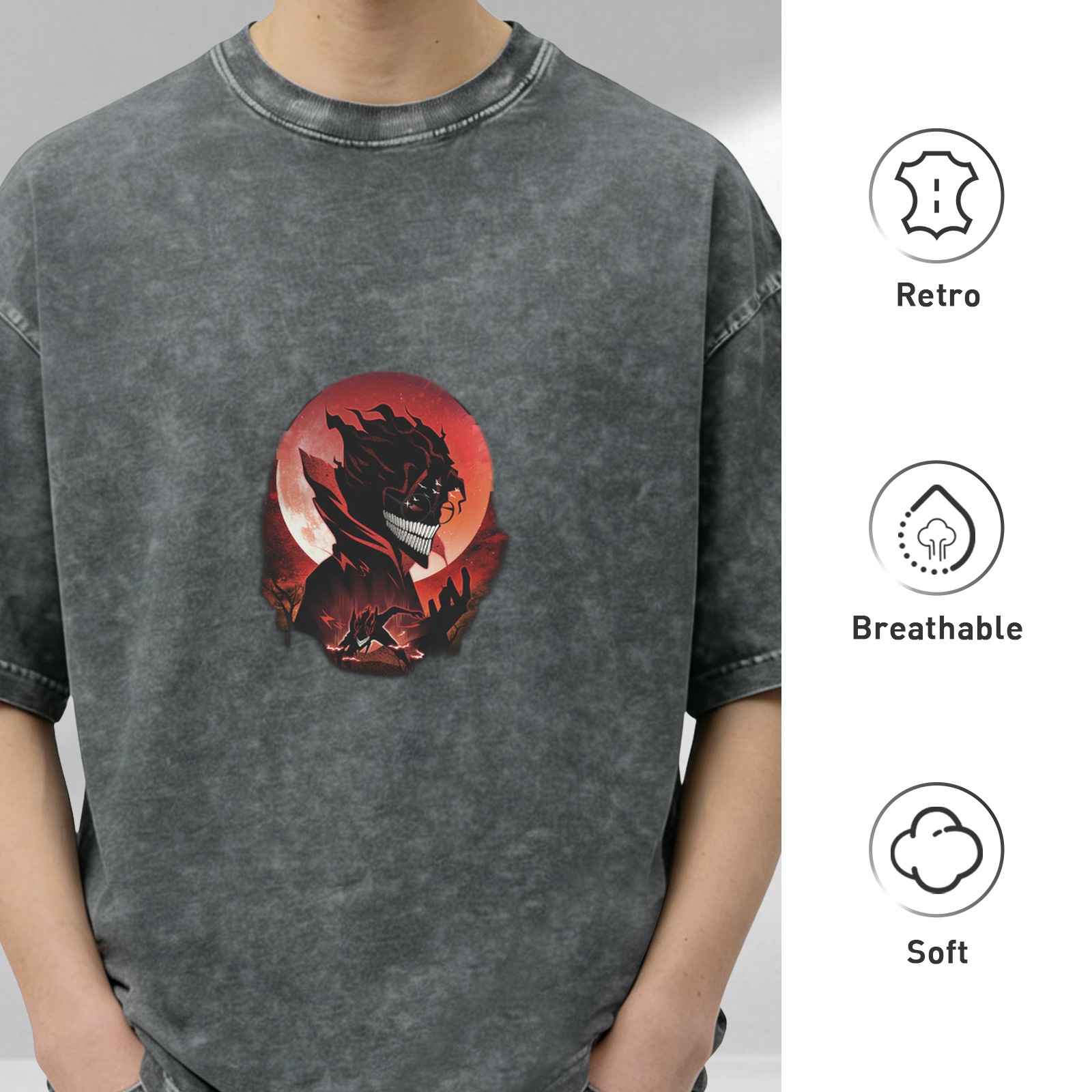 Distressed black loose short-sleeved T-shirt anime style red moon character printed top