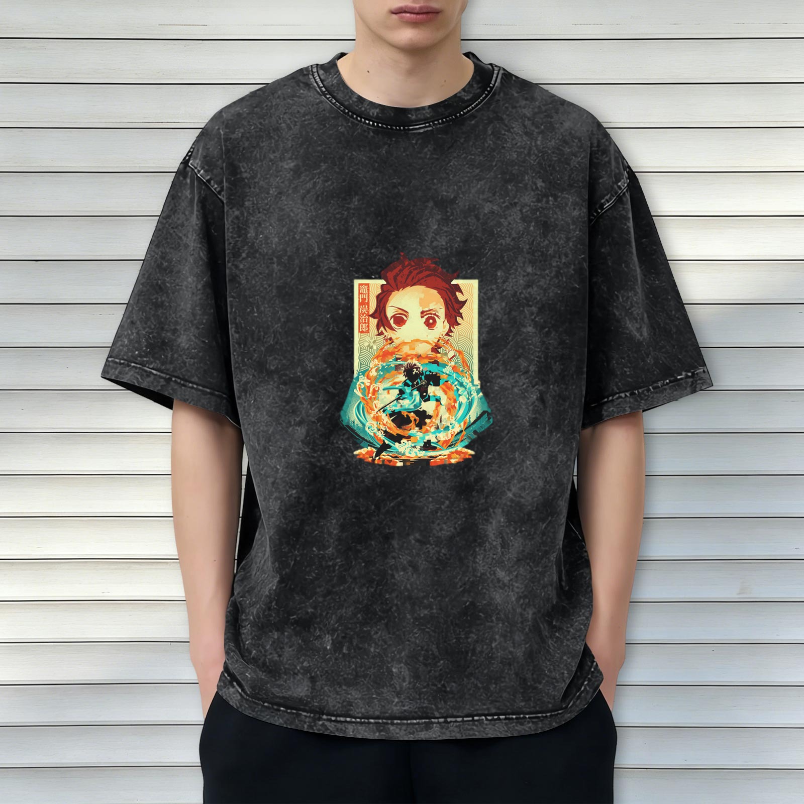 Demon Slayer: Kimetsu no Yaiba Tanjiro themed washed and distressed loose short-sleeved T-shirt