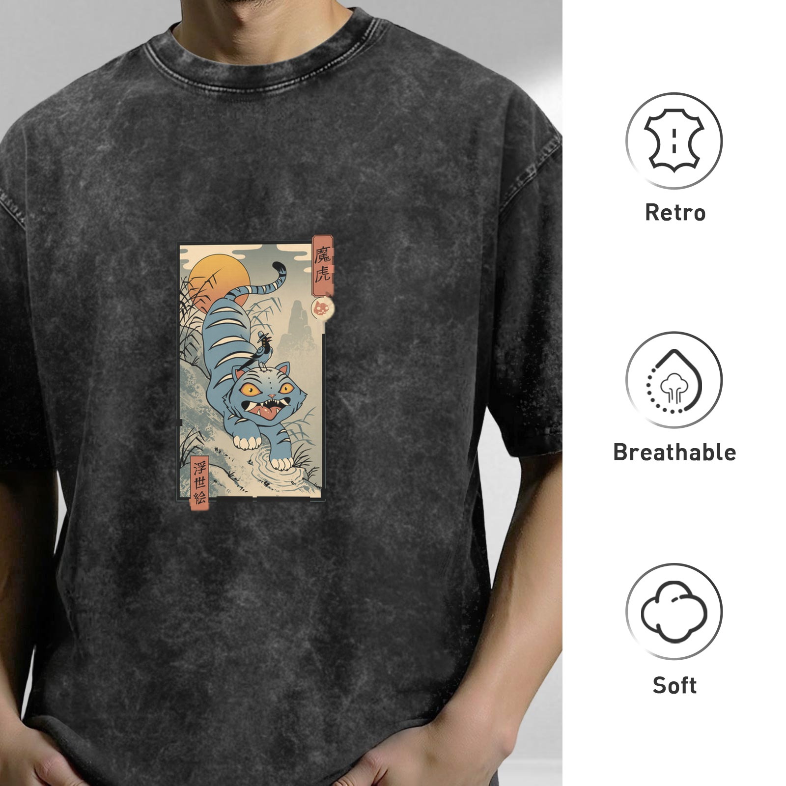 Washed distressed black loose short-sleeved T-shirt Ukiyo-e style blue tiger pattern printed top