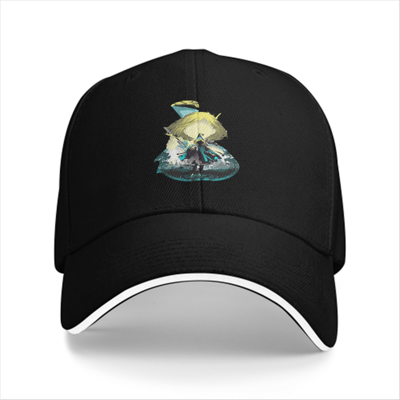 Black Baseball Cap With Fantasy Character Graphic Print