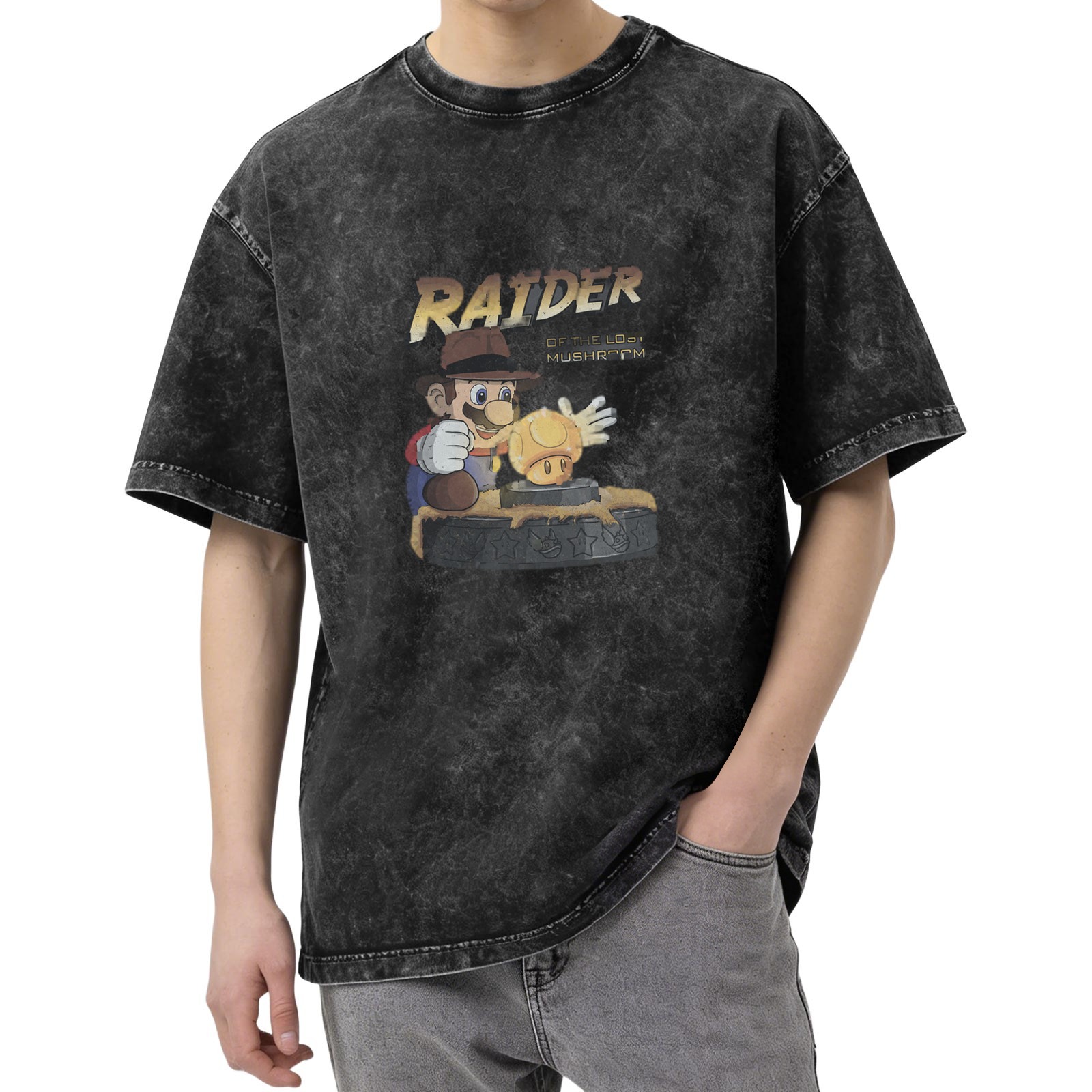 Vintage Washed Black Short Sleeve T-Shirt with 'Raider of the Lost Mushroom' Mario Graphic Print