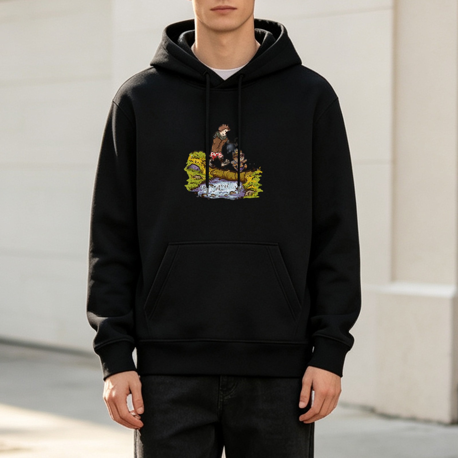Black Hoodie With Whimsical Forest Character Graphic Print