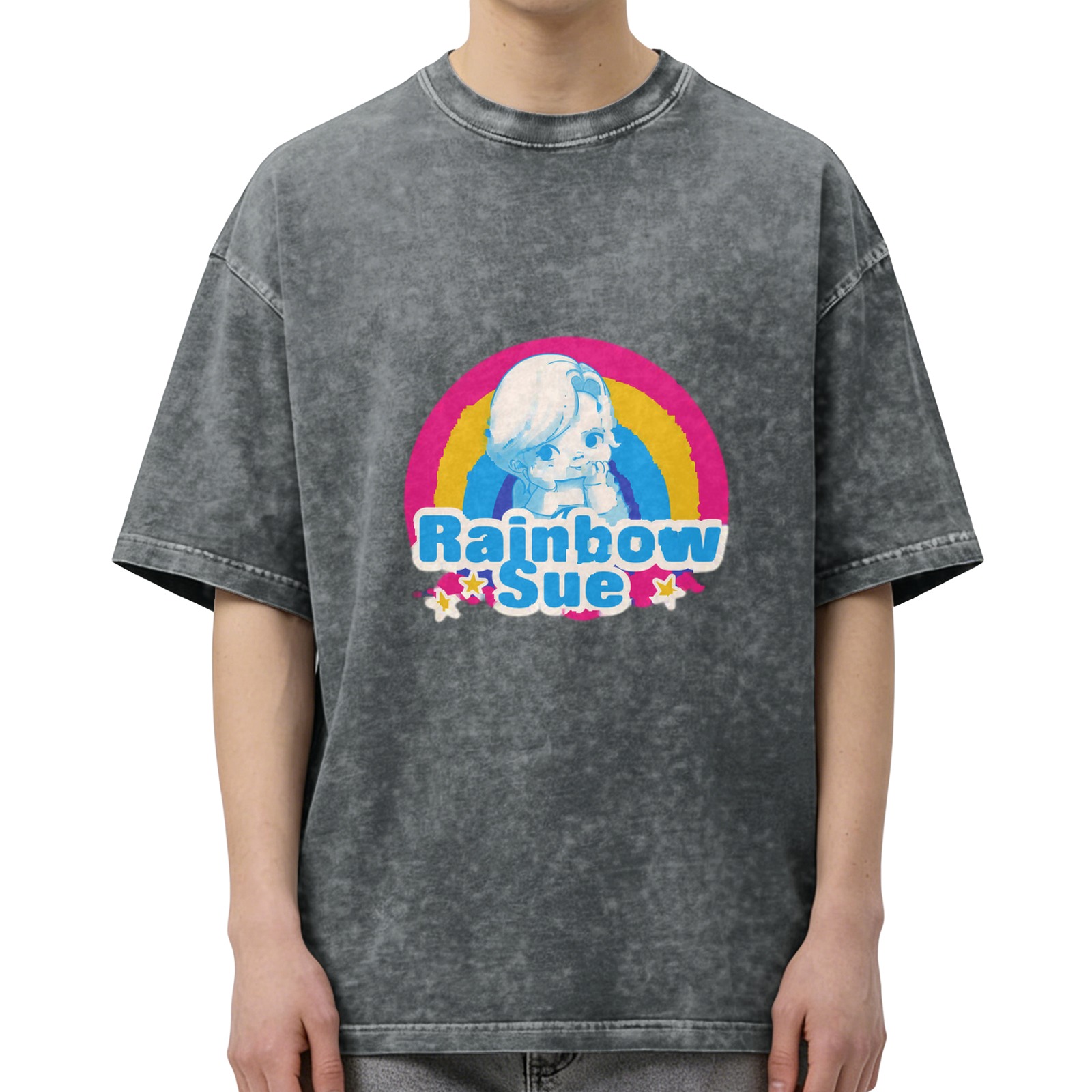Oversized Dark Wash T-Shirt With Rainbow Sue Graphic Print