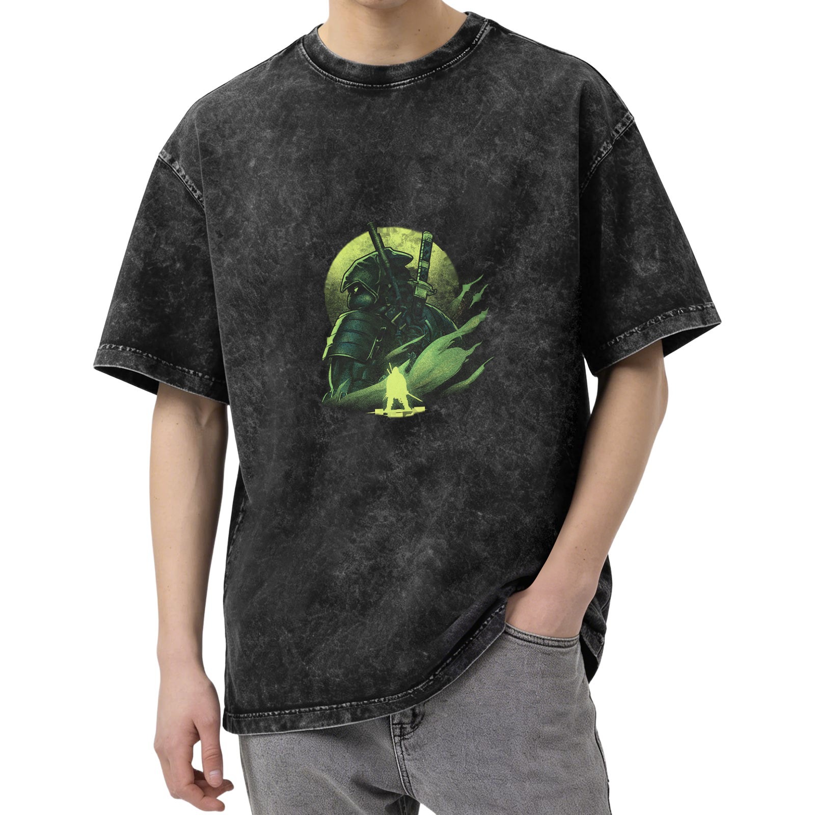 Oversized Acid Wash T-Shirt With Glowing Samurai Print