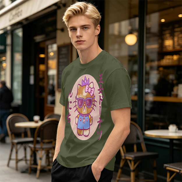 Olive T-Shirt with Cool Princess Cat Graphic Print
