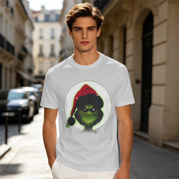 Olive Green T-Shirt With Grinch Wearing Santa Hat Graphic