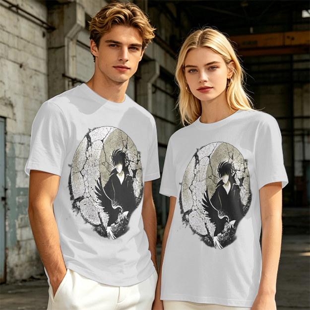 Olive T-shirt with Dark Anime Character and Raven Print
