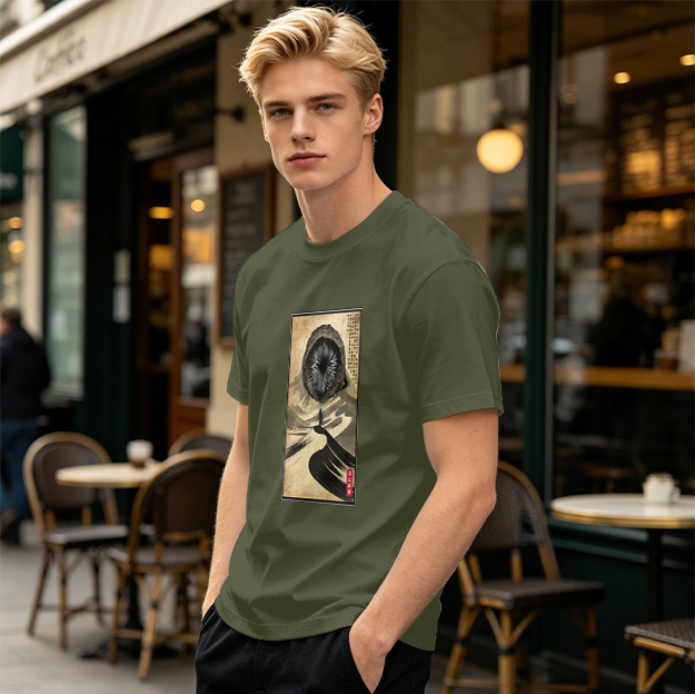 Olive T-Shirt With Surreal Hooded Eye Artwork Print