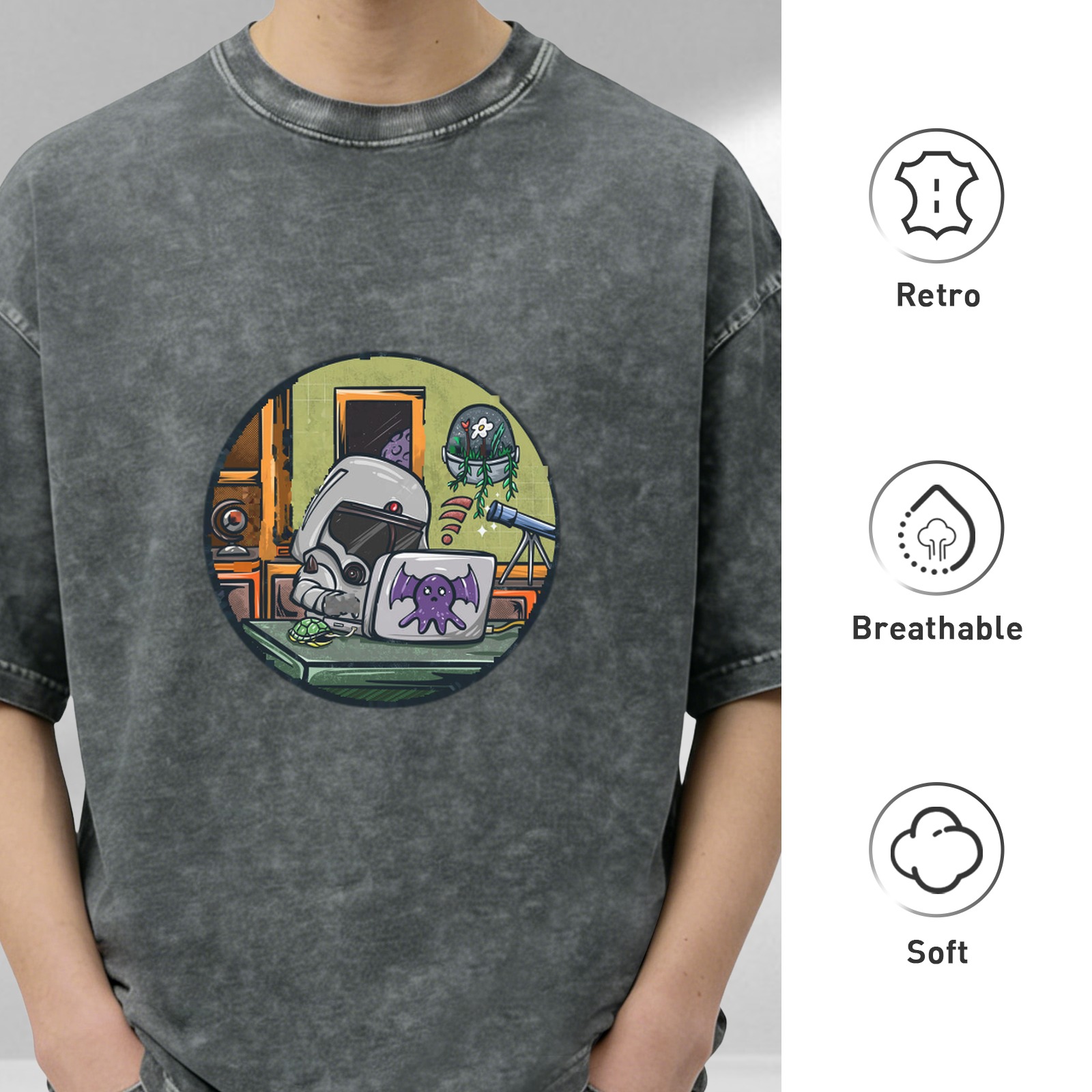 Astronaut Helmet at Desk with Laptop and Telescope Graphic T-Shirt