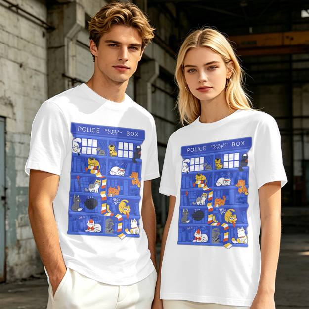 Olive T-Shirt with Police Box and Playful Cats Graphic