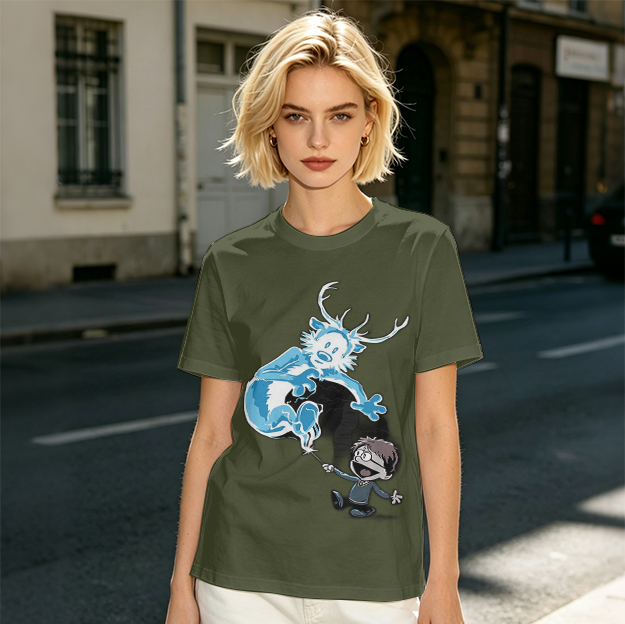 Olive T-Shirt With Harry Potter Patronus Deer Cartoon Print