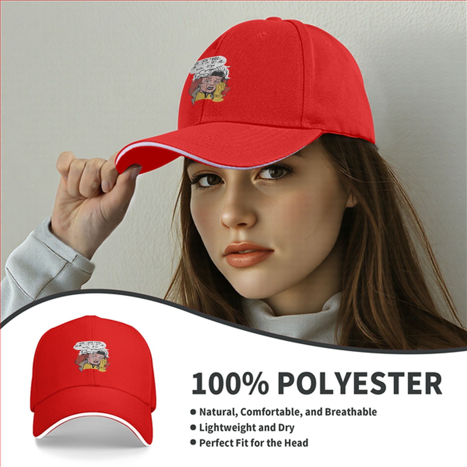 Black baseball cap with crying comic character print