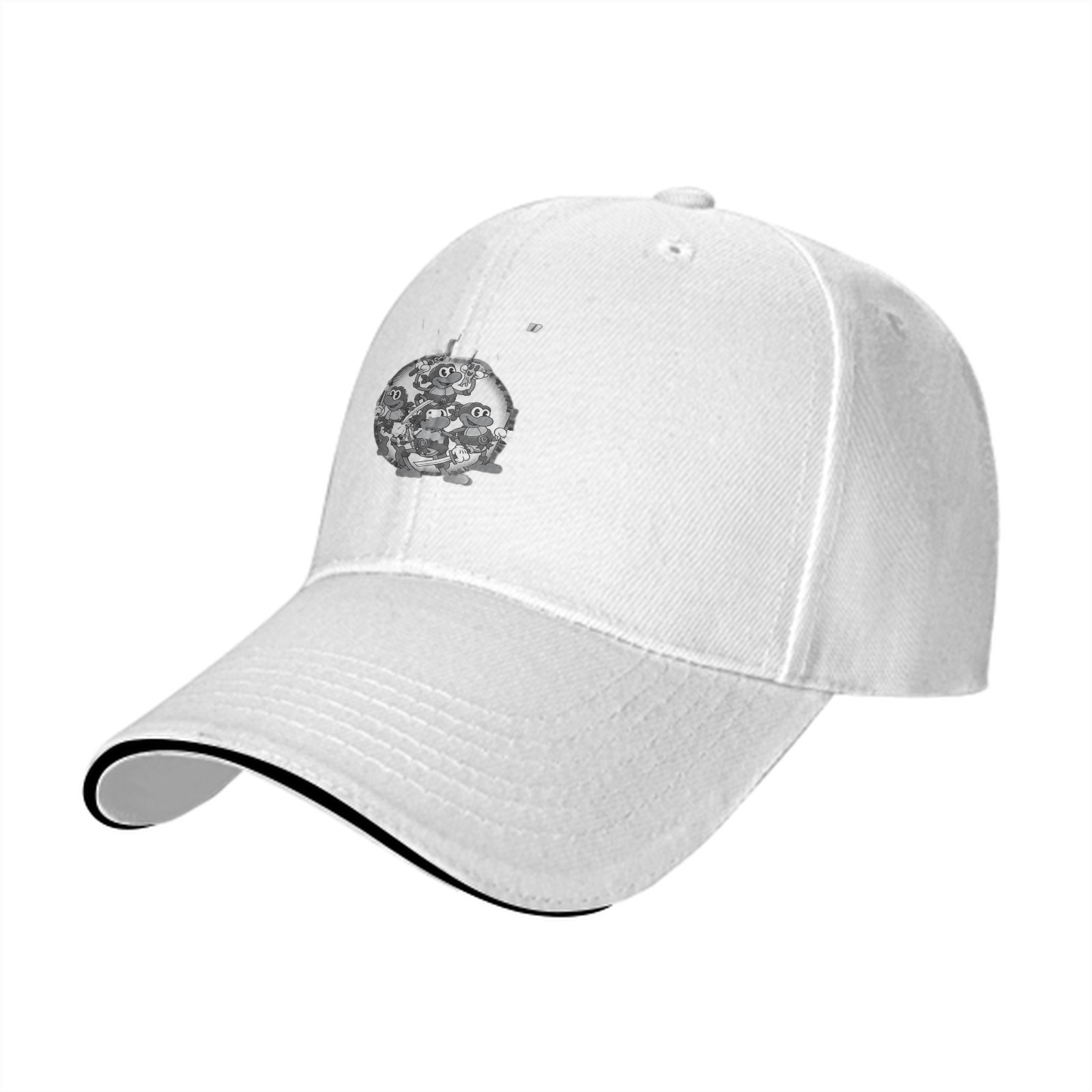 Black baseball cap with retro cartoon frog character print