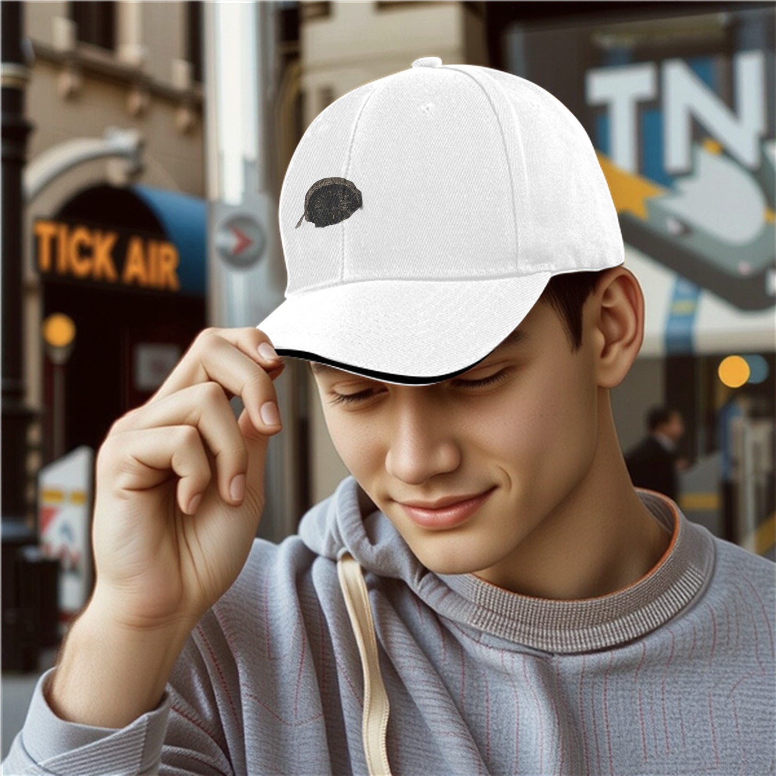 Black Baseball Cap With Subtle Circular Sketch Design