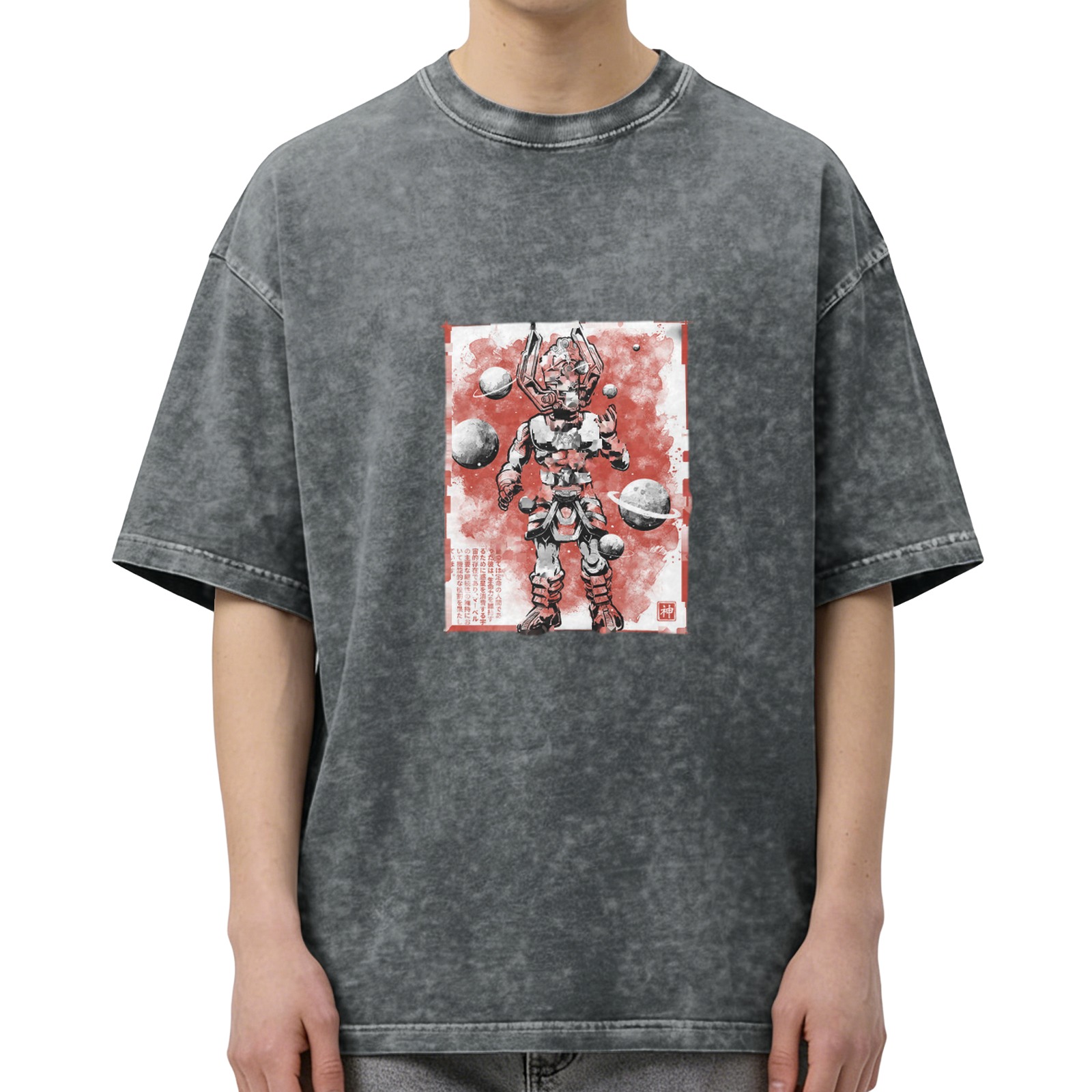 Oversized Acid Wash T-Shirt With Samurai Robot Space Art Print
