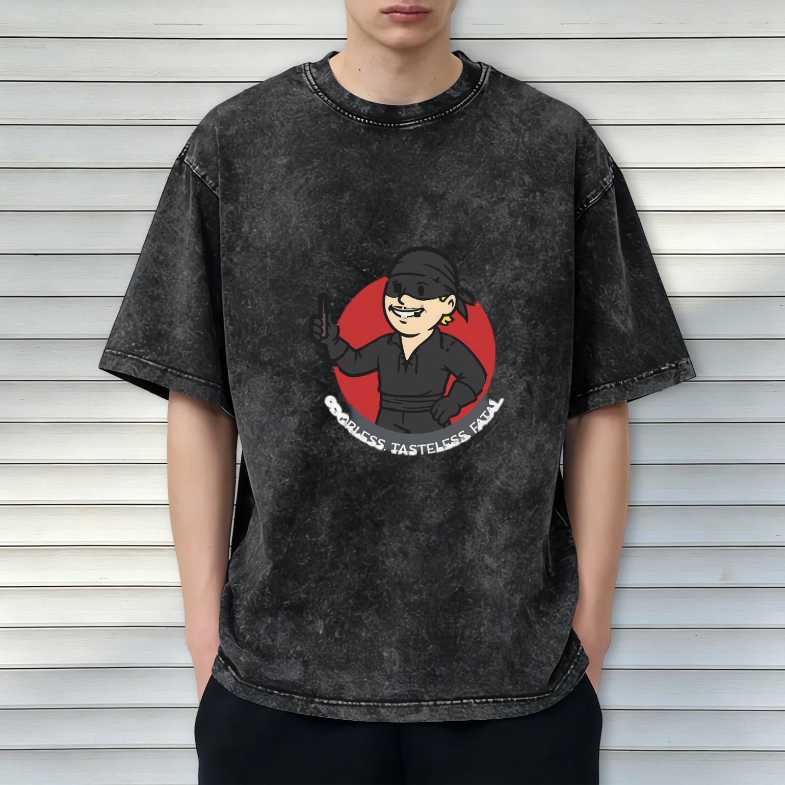 Washed black t-shirt with masked swordsman graphic and funny text