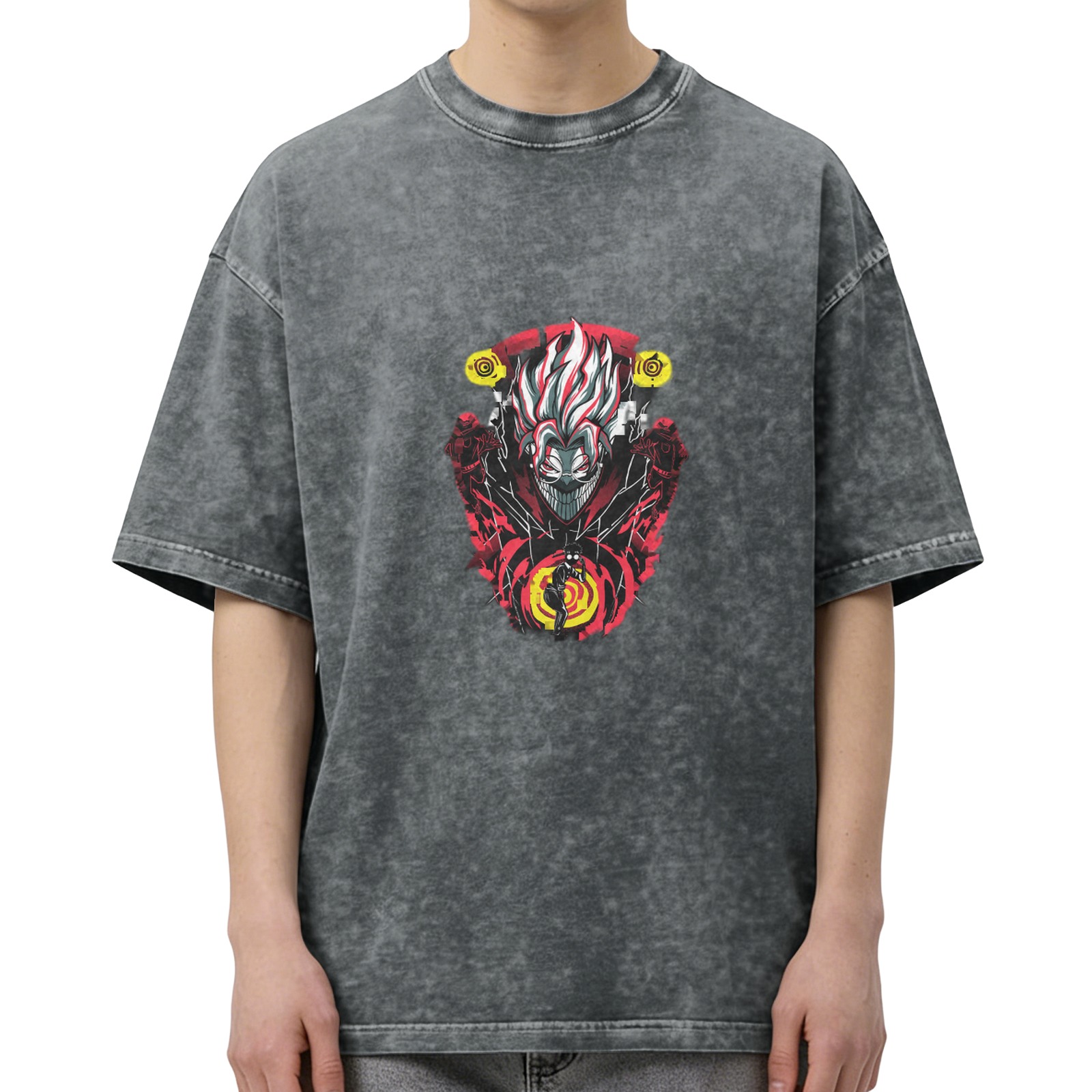 Washed distressed dark style anime print short-sleeved T-shirt
