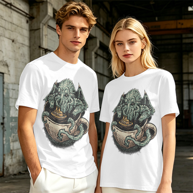 Cthulhu in a teacup with tiny ship graphic t-shirt