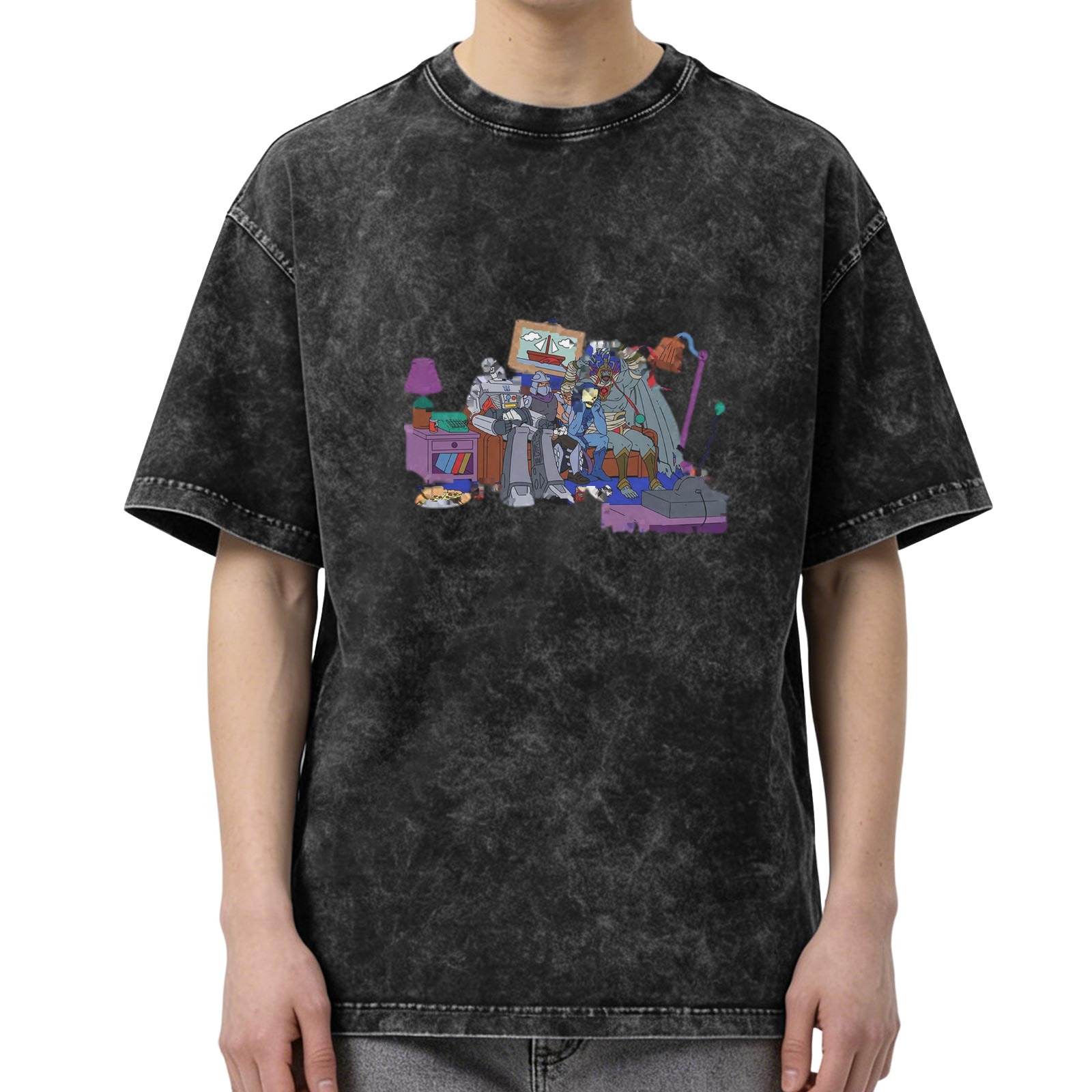 Washed Black T-Shirt with Cartoon Character Group Graphic Print