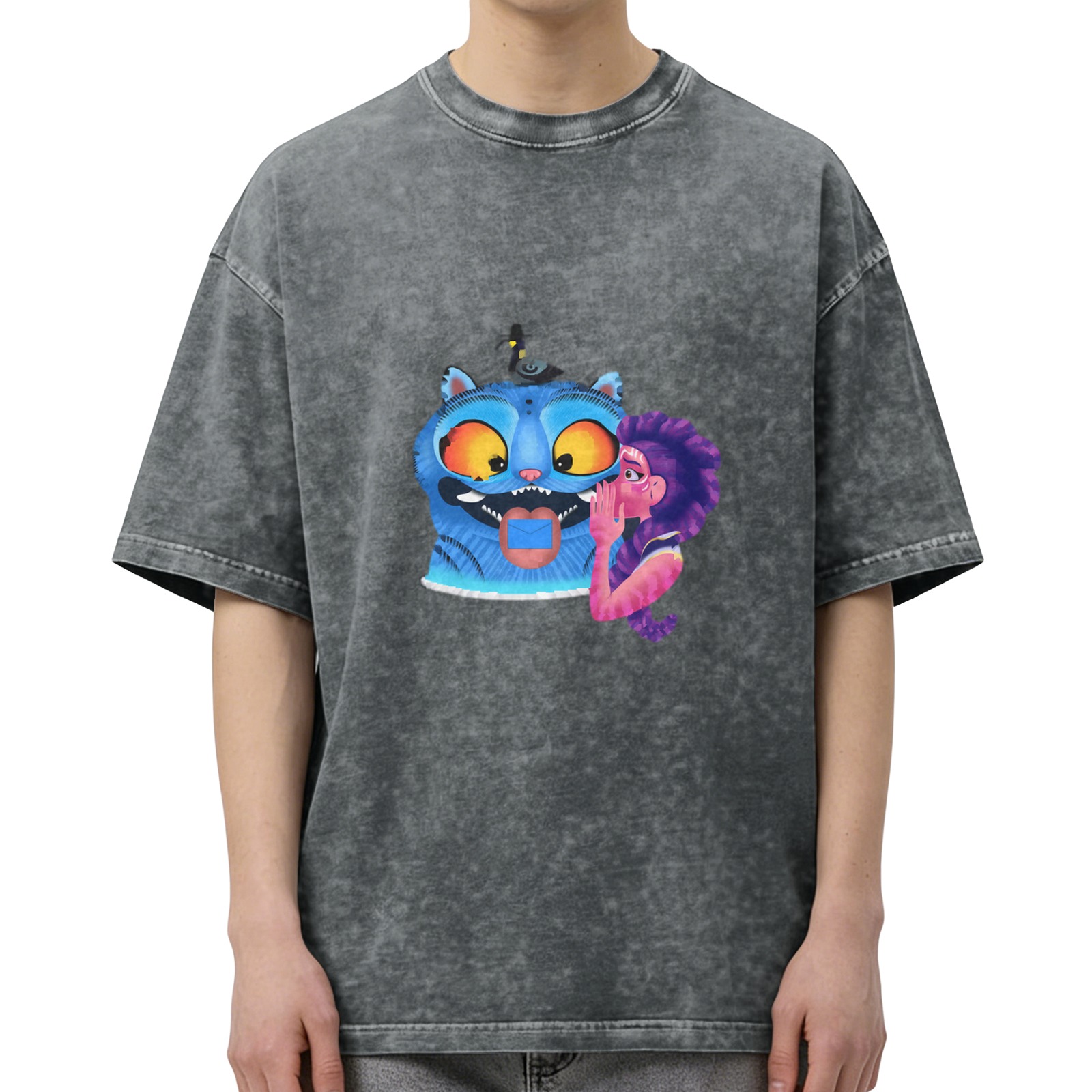Oversized Dark Wash T-Shirt With Whispering Purple Haired Girl And Blue Cat Graphic