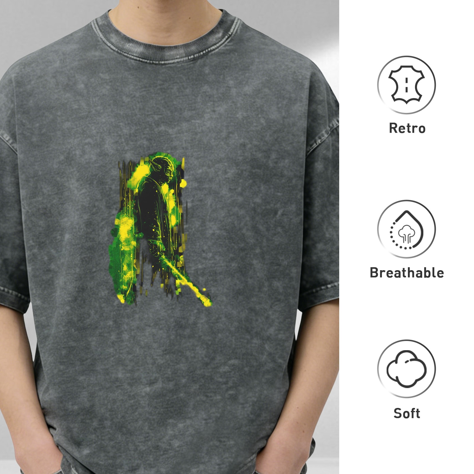 Oversized Acid Wash T-Shirt With Abstract Green Yellow Figure Print