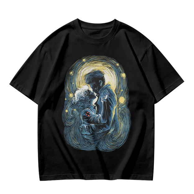 Olive T-Shirt With Starry Night Style Embracing Couple Art