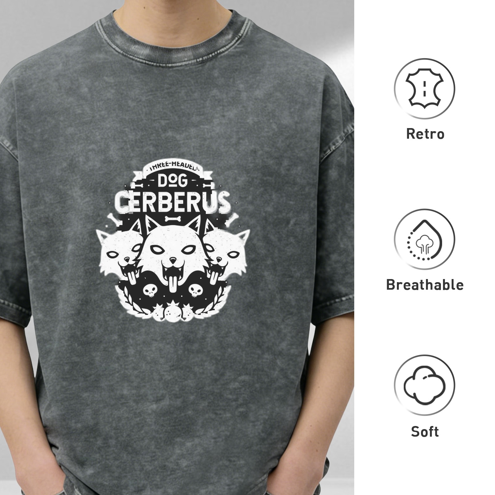 Oversized dark wash graphic t-shirt with three-headed Cerberus dog design