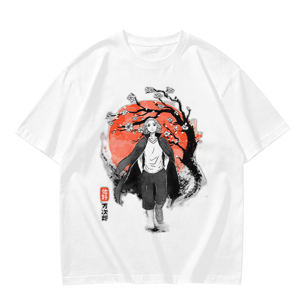 Anime Character with Cherry Blossom Red Moon Graphic T-Shirt