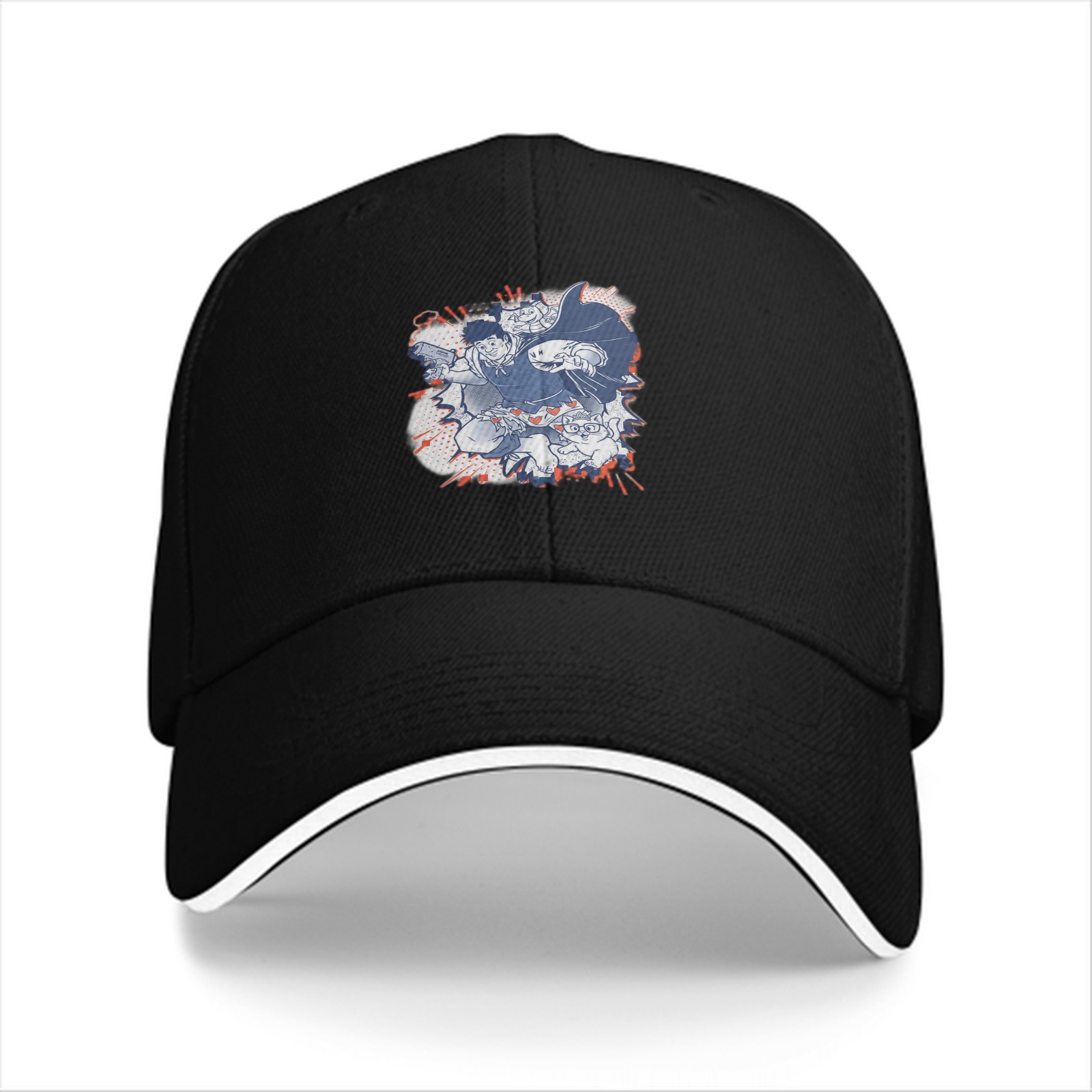 Black Baseball Cap With Anime Character Graphic Print
