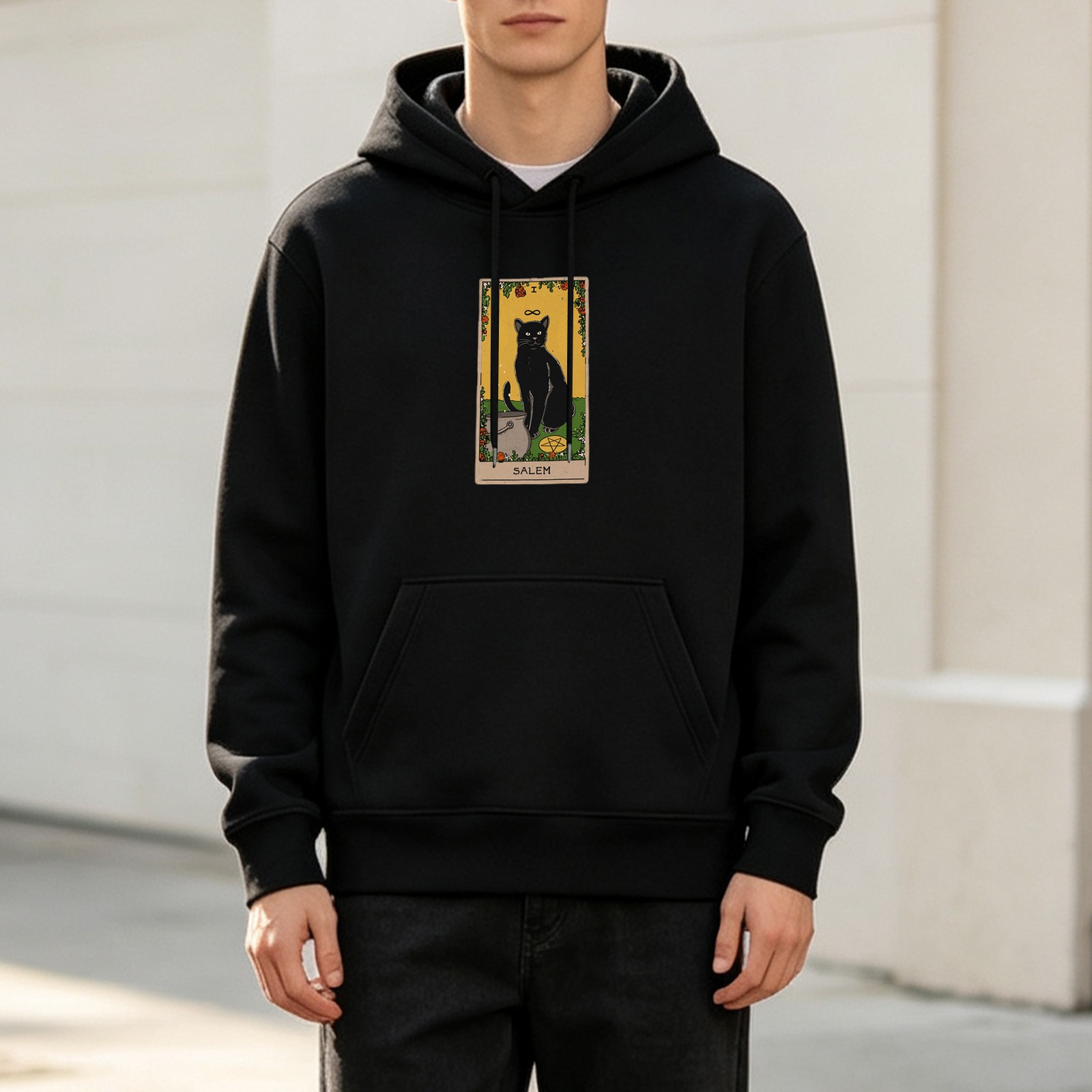 Black Hoodie With Black Cat Tarot Card Salem Print