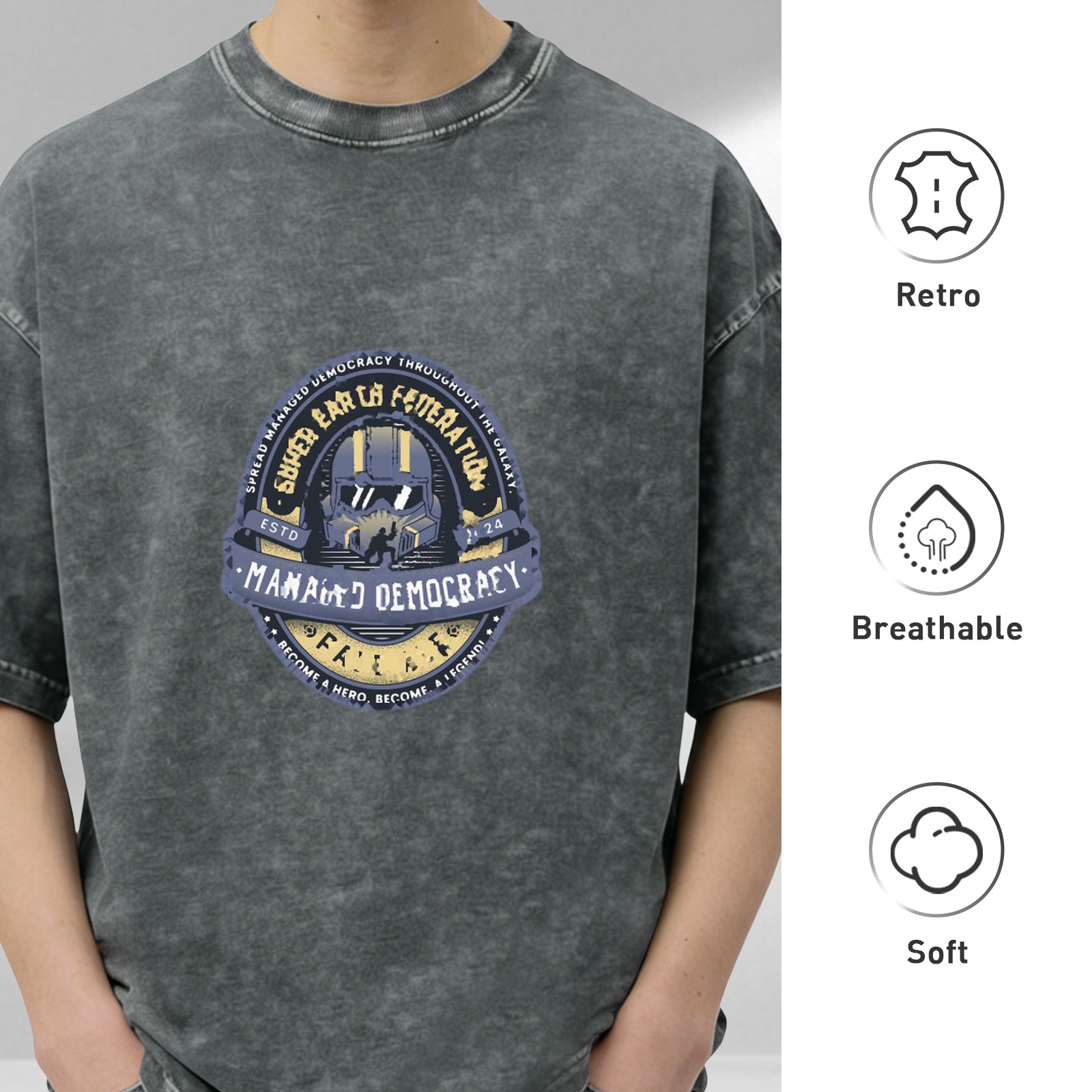Oversized Washed Black T-Shirt With Helldivers Managed Democracy Emblem