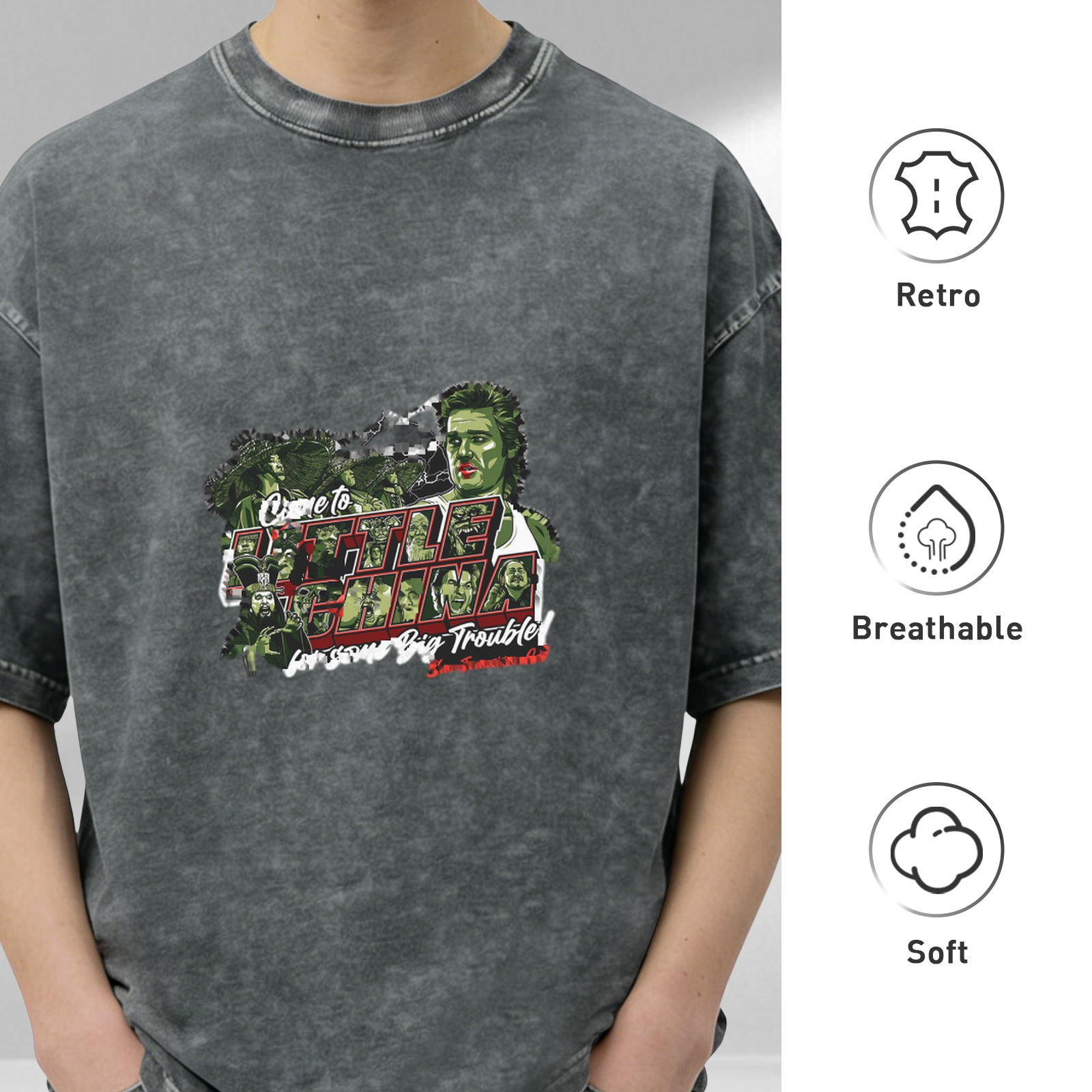 Retro washed black short-sleeved T-shirt with movie 