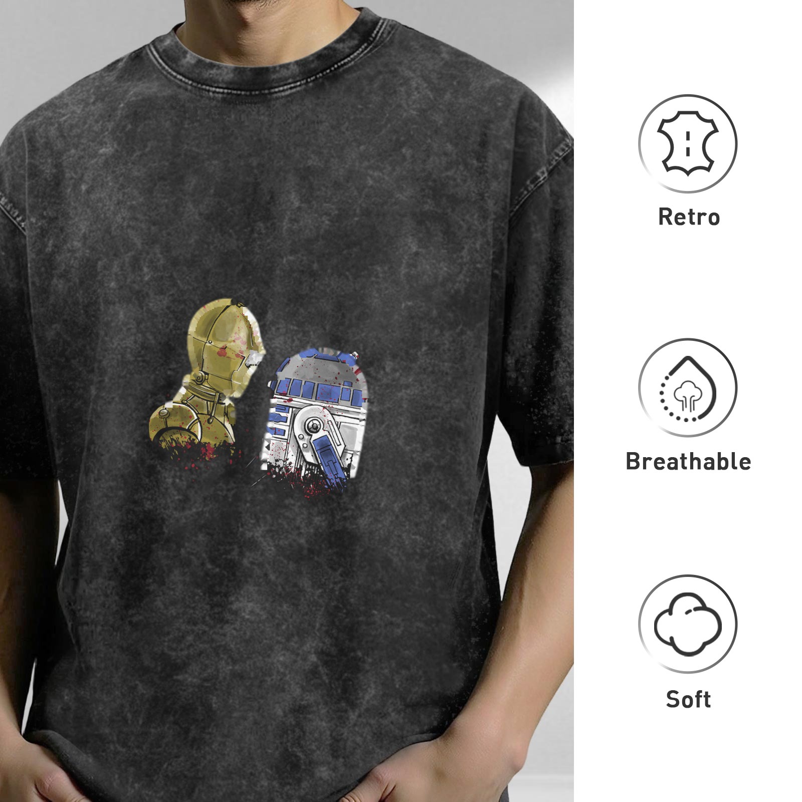 Distressed black short-sleeved T-shirt Star Wars C-3PO and R2-D2 printed loose top