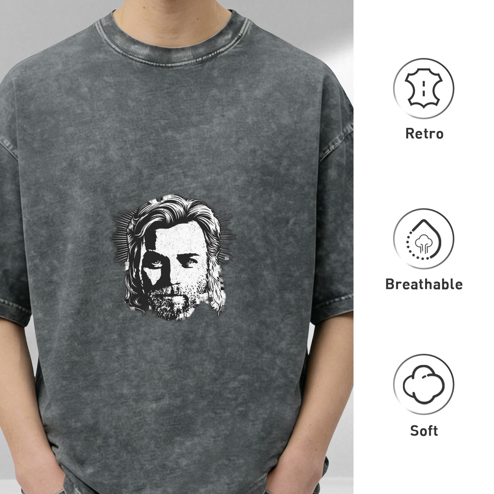 Distressed washed black loose short-sleeved T-shirt with portrait printed on the front