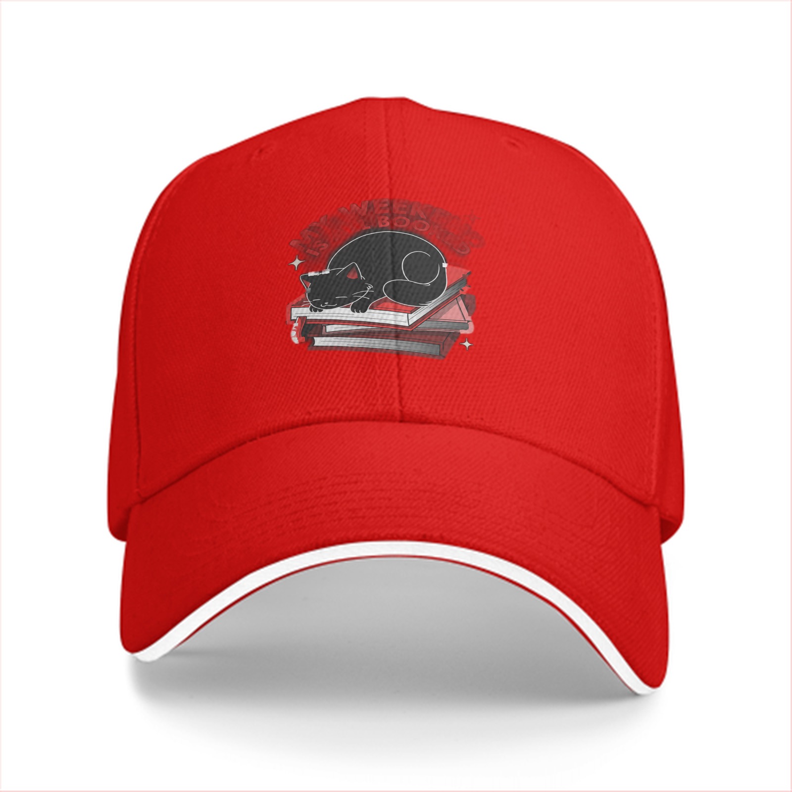 Black Baseball Cap with Sleeping Cat on Books Graphic
